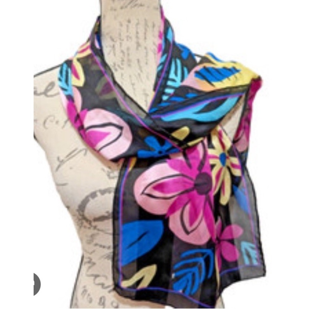 Bill Blass Silk VTG Scarf 48 X 12 Wild Flowers Y2K Retro Bright Colors VTG